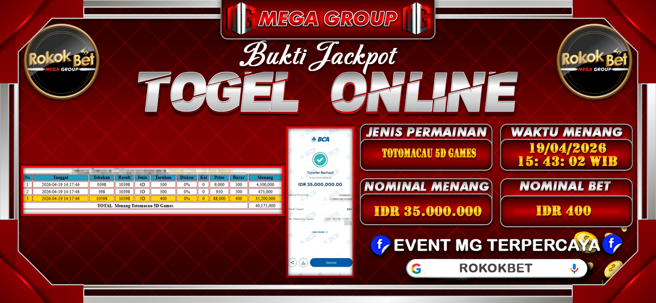 Bukti JP situs Rokokbet hari Minggu, 19 April 2026
